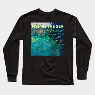 under the sea,blue sea,sea creatures,Turtle, puffer fish, starfish, shrimp, shark, tropical fish, sea horse, seaweed, sardines, squid, crabs, clams Long Sleeve T-Shirt